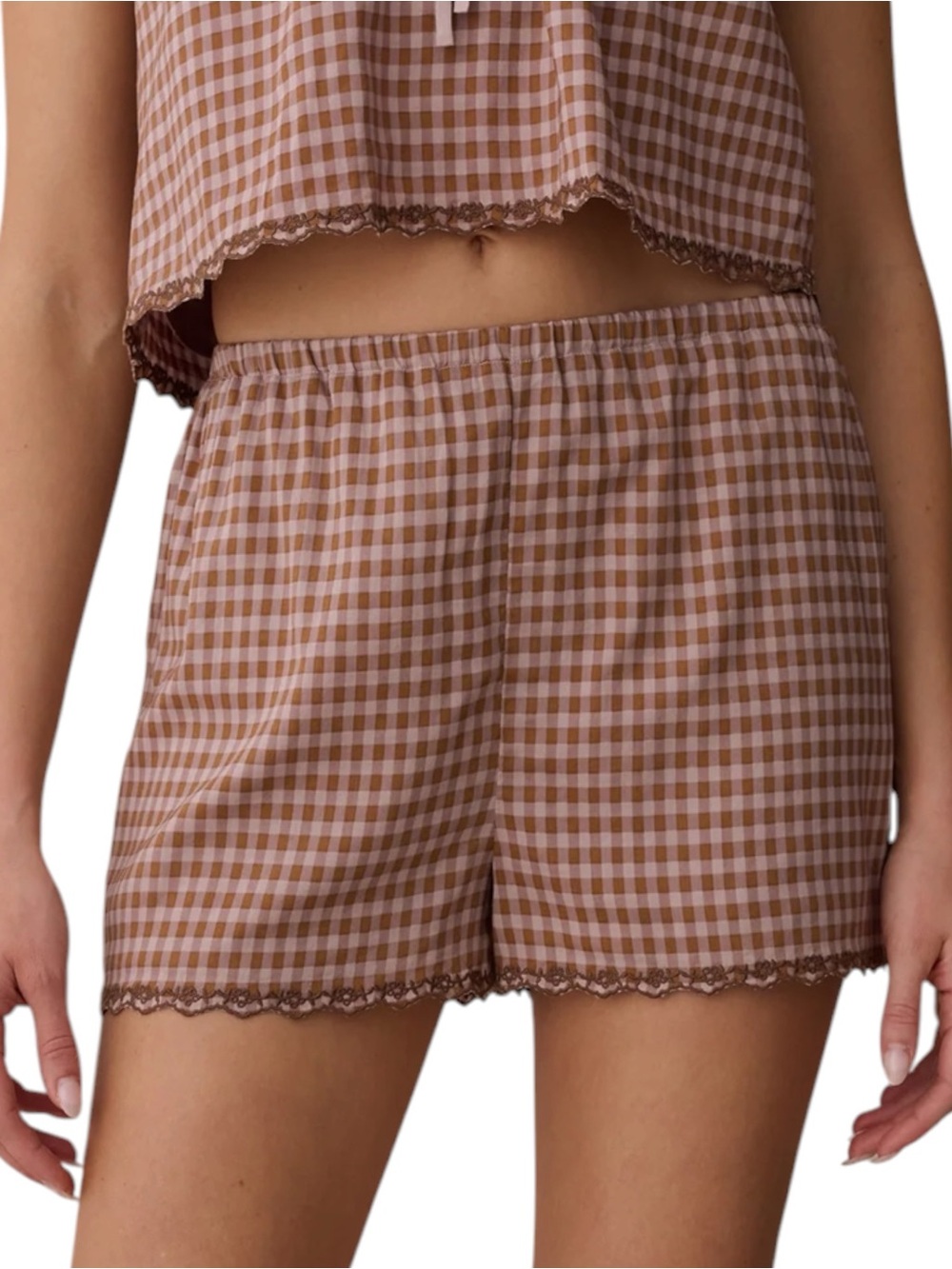 Few Moda Kourt Lila Short Gingham Lace-Trim Pajama Shorts Brown Pink NWT